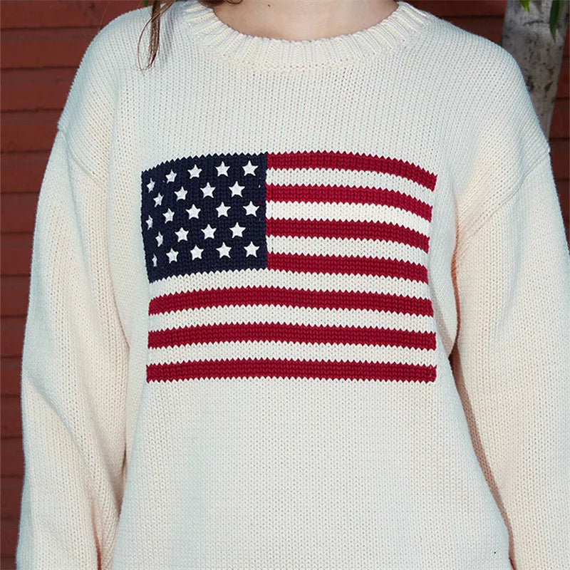 Lamuusaa Women Sweaters y2k Clothing Stripe Flag Print Round Neck Long Sleeve Loose Pullovers Knitted Jumpers Casual Streetwear