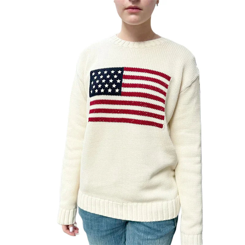 Lamuusaa Women Sweaters y2k Clothing Stripe Flag Print Round Neck Long Sleeve Loose Pullovers Knitted Jumpers Casual Streetwear