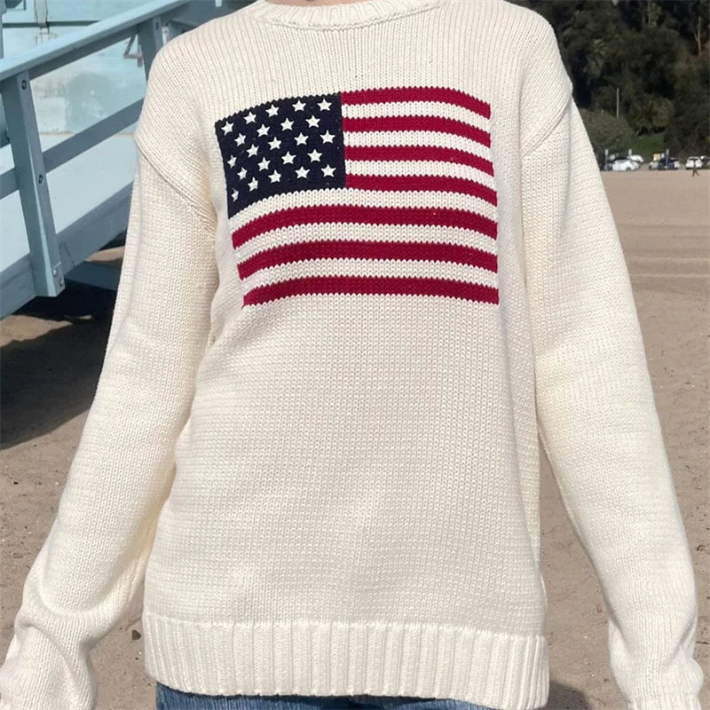 Lamuusaa Women Sweaters y2k Clothing Stripe Flag Print Round Neck Long Sleeve Loose Pullovers Knitted Jumpers Casual Streetwear