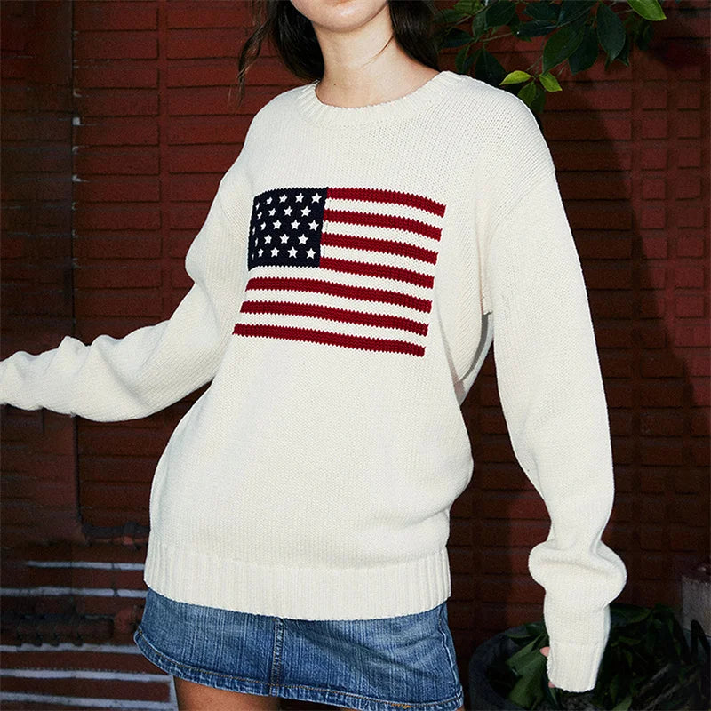 Lamuusaa Women Sweaters y2k Clothing Stripe Flag Print Round Neck Long Sleeve Loose Pullovers Knitted Jumpers Casual Streetwear