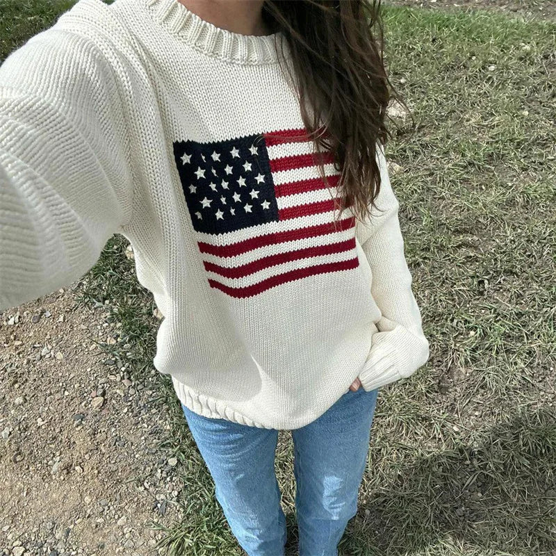 Lamuusaa Women Sweaters y2k Clothing Stripe Flag Print Round Neck Long Sleeve Loose Pullovers Knitted Jumpers Casual Streetwear