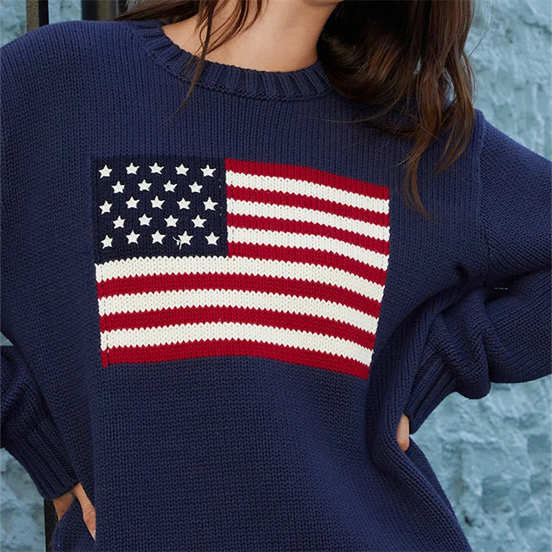 Lamuusaa Women Sweaters y2k Clothing Stripe Flag Print Round Neck Long Sleeve Loose Pullovers Knitted Jumpers Casual Streetwear