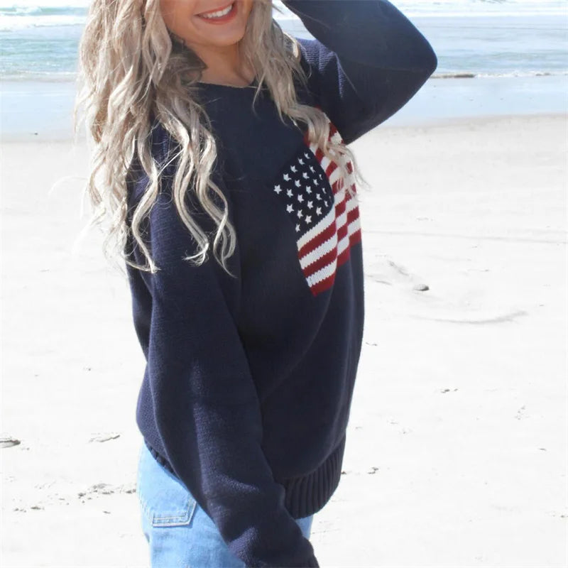 Lamuusaa Women Sweaters y2k Clothing Stripe Flag Print Round Neck Long Sleeve Loose Pullovers Knitted Jumpers Casual Streetwear