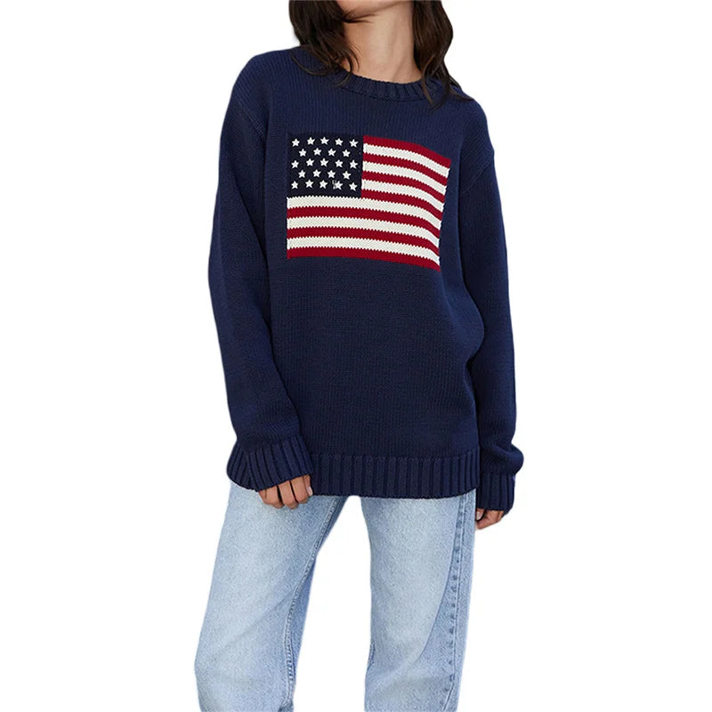 Lamuusaa Women Sweaters y2k Clothing Stripe Flag Print Round Neck Long Sleeve Loose Pullovers Knitted Jumpers Casual Streetwear