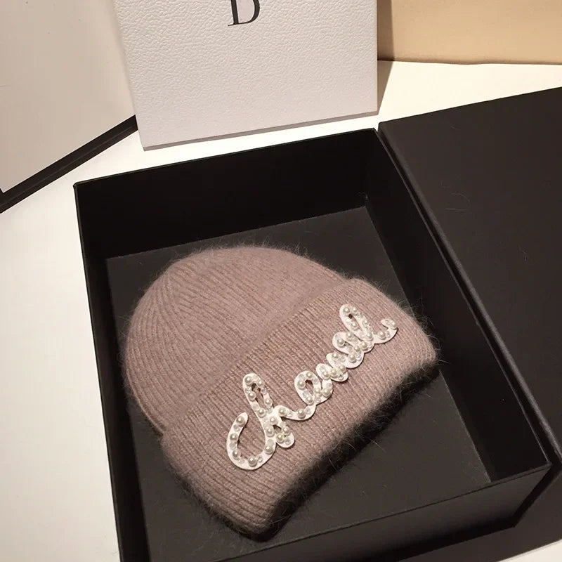 Fashionable Classics Warm Cashmere Wool  Angola Rabbit Fur Winter Knitted Beanies Women Cap Female Three Fold Ski Hats