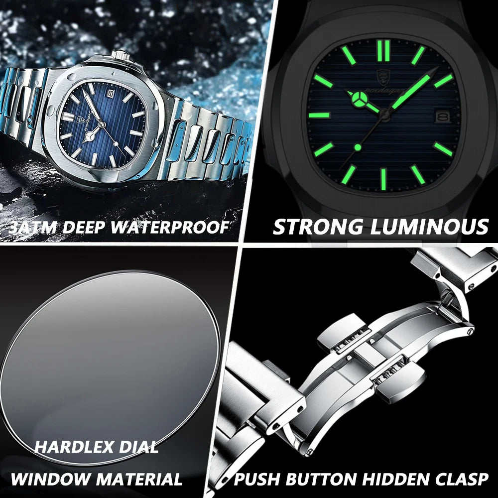 POEDAGAR Classic Blue Watch Business Waterproof Male Clock Luminous Date Stainless Steel Square Quartz Men Watch reloj hombre