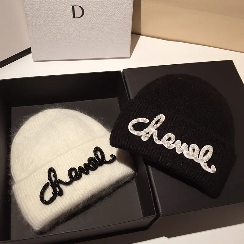 Fashionable Classics Warm Cashmere Wool  Angola Rabbit Fur Winter Knitted Beanies Women Cap Female Three Fold Ski Hats