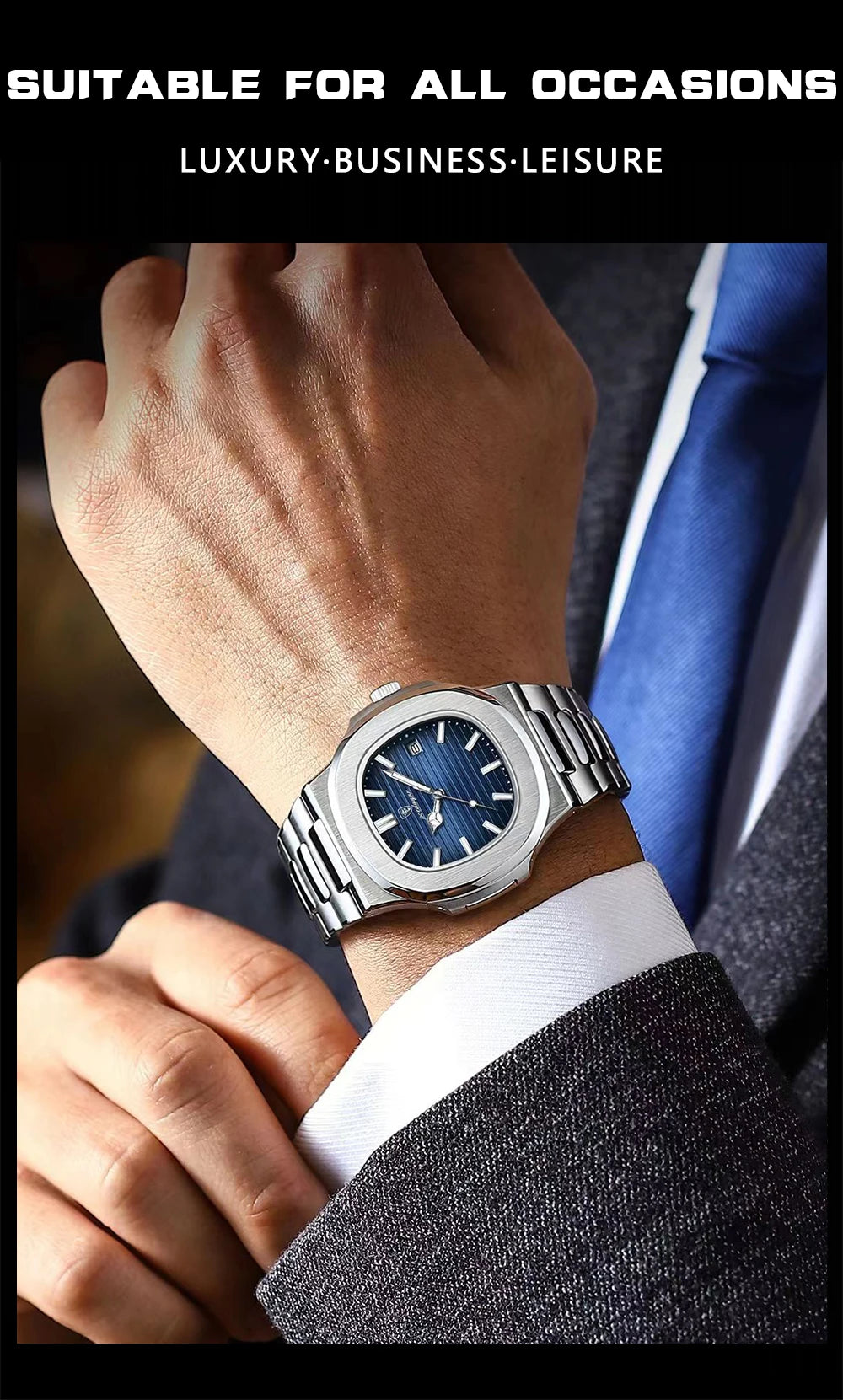 POEDAGAR Classic Blue Watch Business Waterproof Male Clock Luminous Date Stainless Steel Square Quartz Men Watch reloj hombre