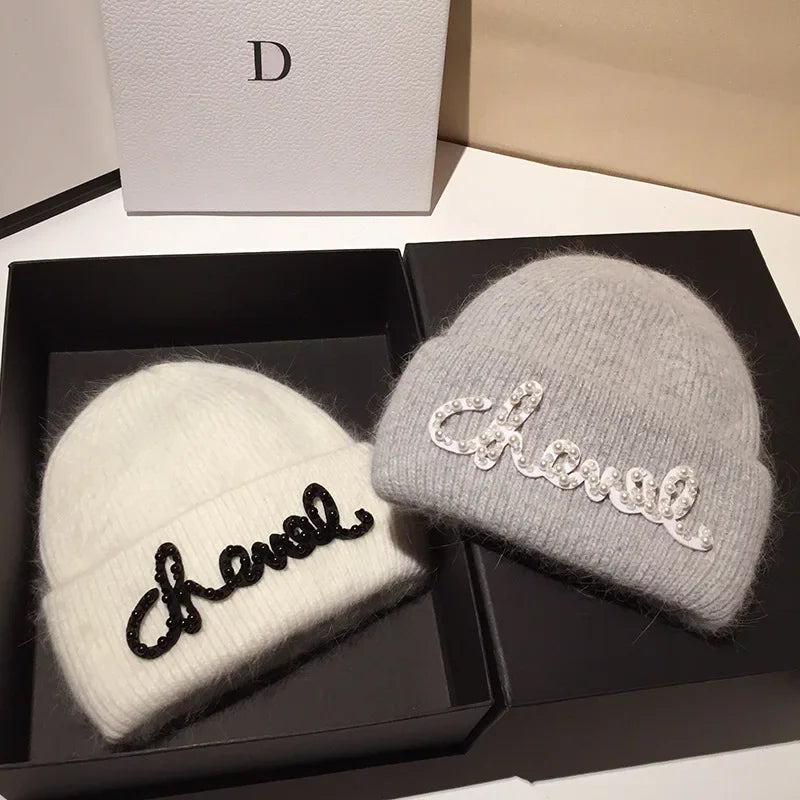 Fashionable Classics Warm Cashmere Wool  Angola Rabbit Fur Winter Knitted Beanies Women Cap Female Three Fold Ski Hats