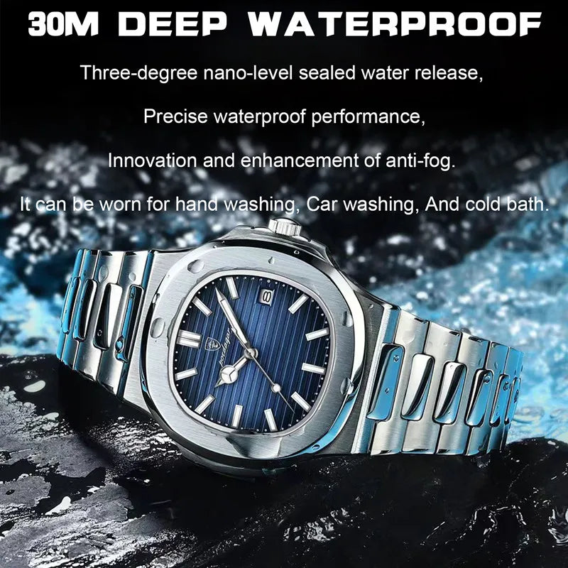 POEDAGAR Classic Blue Watch Business Waterproof Male Clock Luminous Date Stainless Steel Square Quartz Men Watch reloj hombre