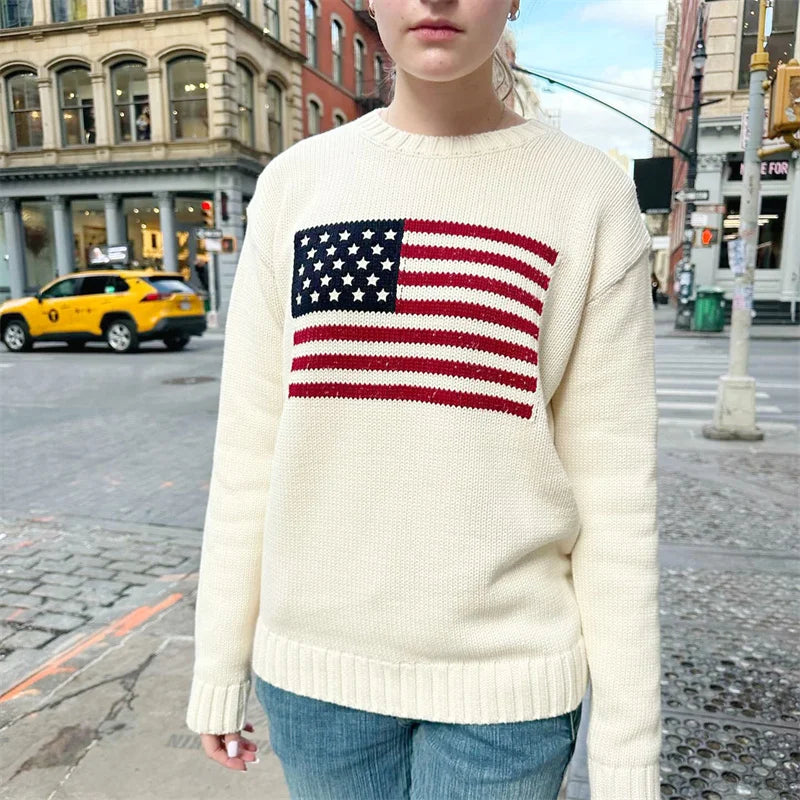 Lamuusaa Women Sweaters y2k Clothing Stripe Flag Print Round Neck Long Sleeve Loose Pullovers Knitted Jumpers Casual Streetwear