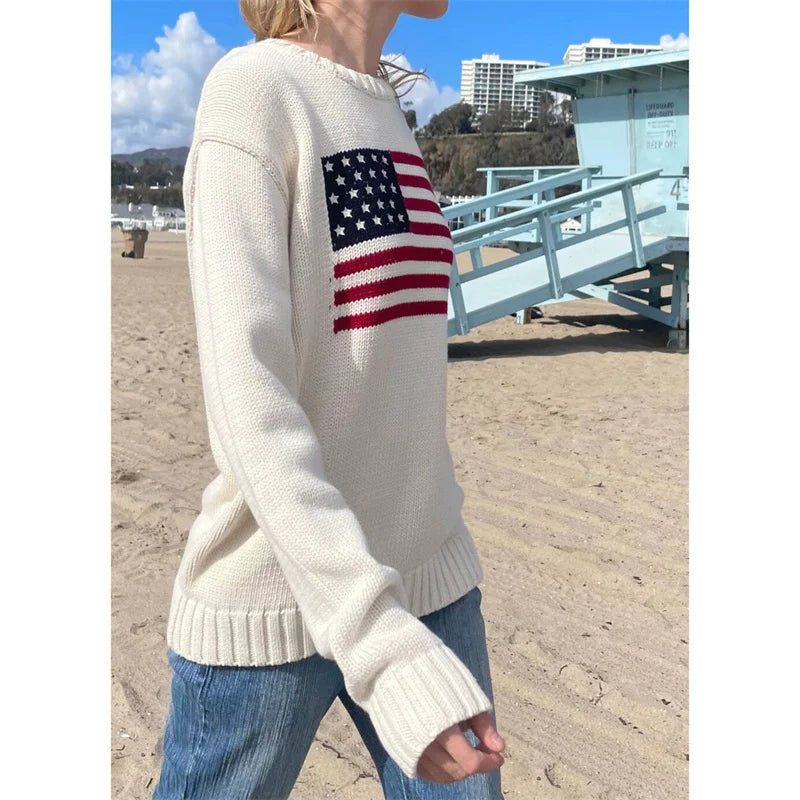 Lamuusaa Women Sweaters y2k Clothing Stripe Flag Print Round Neck Long Sleeve Loose Pullovers Knitted Jumpers Casual Streetwear