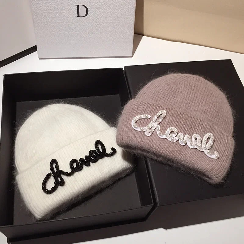 Fashionable Classics Warm Cashmere Wool  Angola Rabbit Fur Winter Knitted Beanies Women Cap Female Three Fold Ski Hats