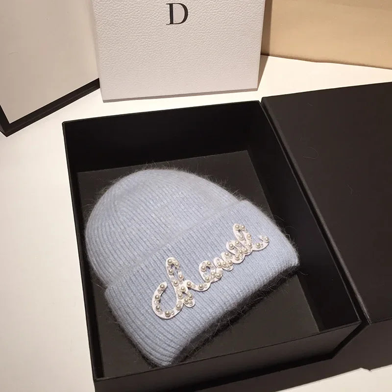 Fashionable Classics Warm Cashmere Wool  Angola Rabbit Fur Winter Knitted Beanies Women Cap Female Three Fold Ski Hats