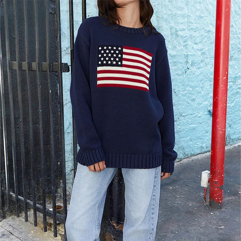 Lamuusaa Women Sweaters y2k Clothing Stripe Flag Print Round Neck Long Sleeve Loose Pullovers Knitted Jumpers Casual Streetwear